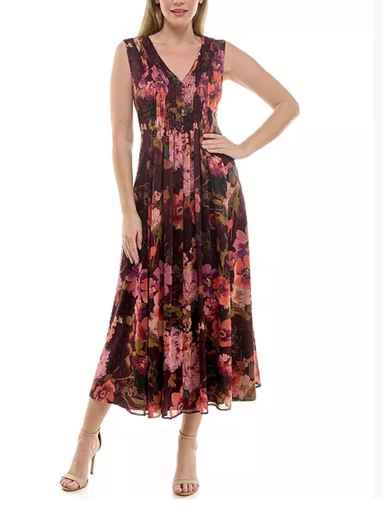 Taylor Dresses & Skirts - Taylor Chiffon Floral V-Neck Sleeveless Midi Dress in Burgundy/Violet Size 10